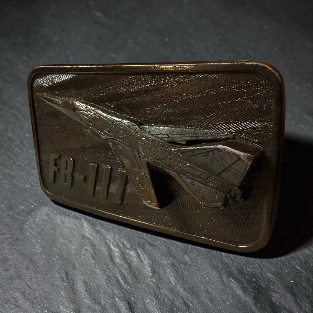 Vintage 80’s Buckle Connection Belt Buckle Brass FB-111 Fighter Jet Relief